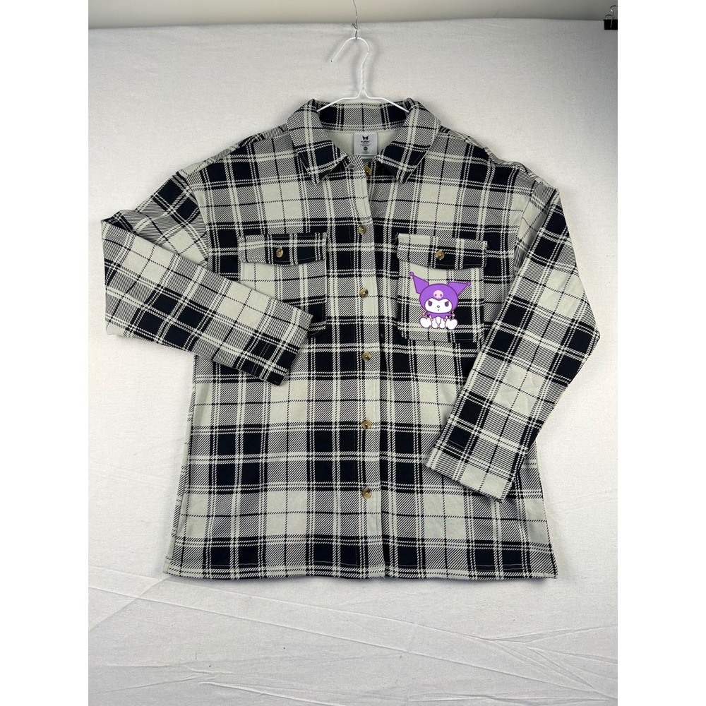 Sanrio Kuromi Plaid Button Up Shirt Hybrid Apparel Black White Purple Graphic